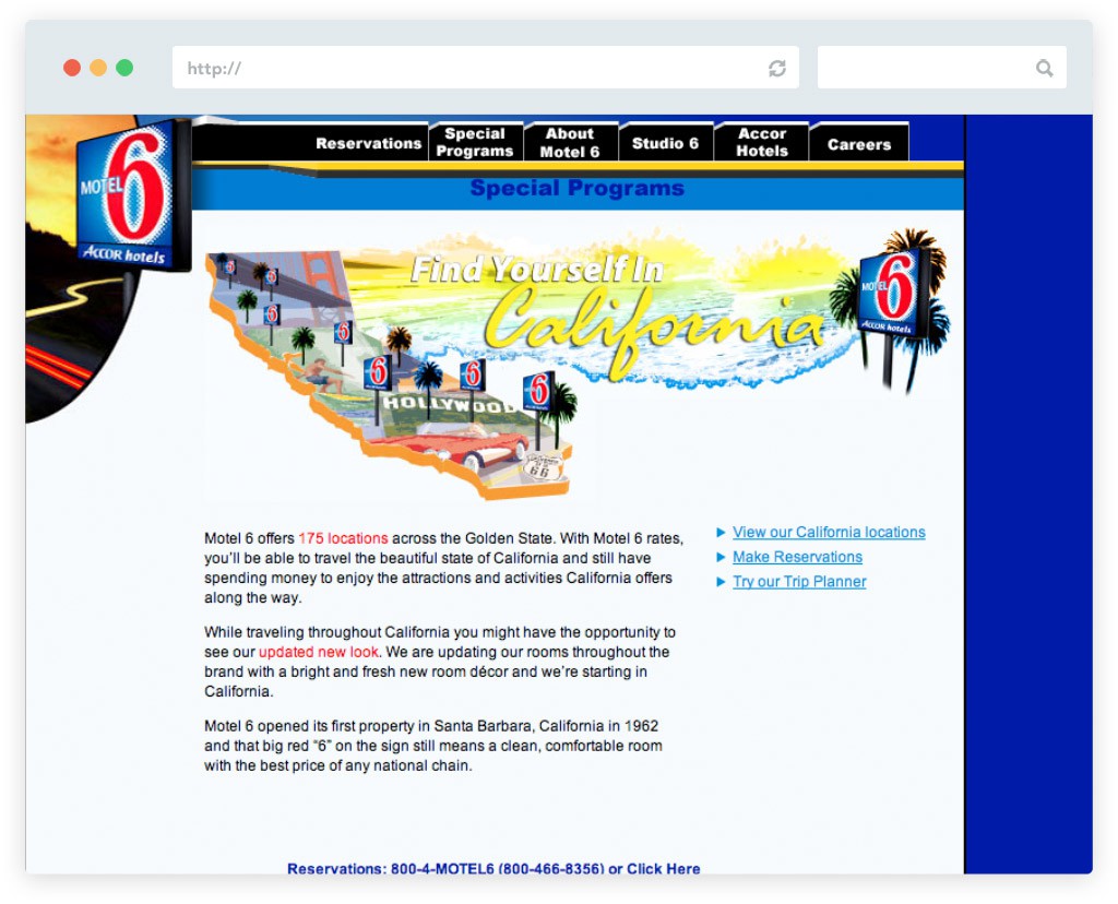 Website design California feature for Motel 6 website
